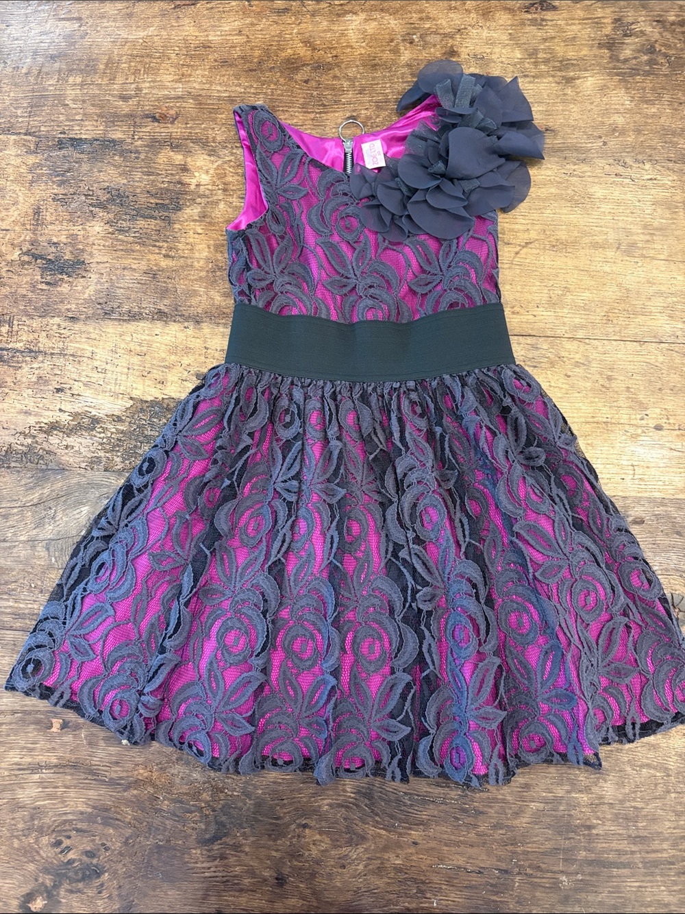 Zoe Ltd Black Lace Overlay Dress with Fuchsia Underlay